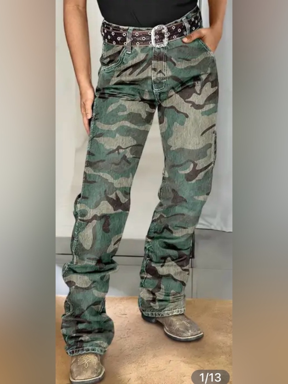 Flamingals Camo Pattern Mid Rise Bootcut Jeans